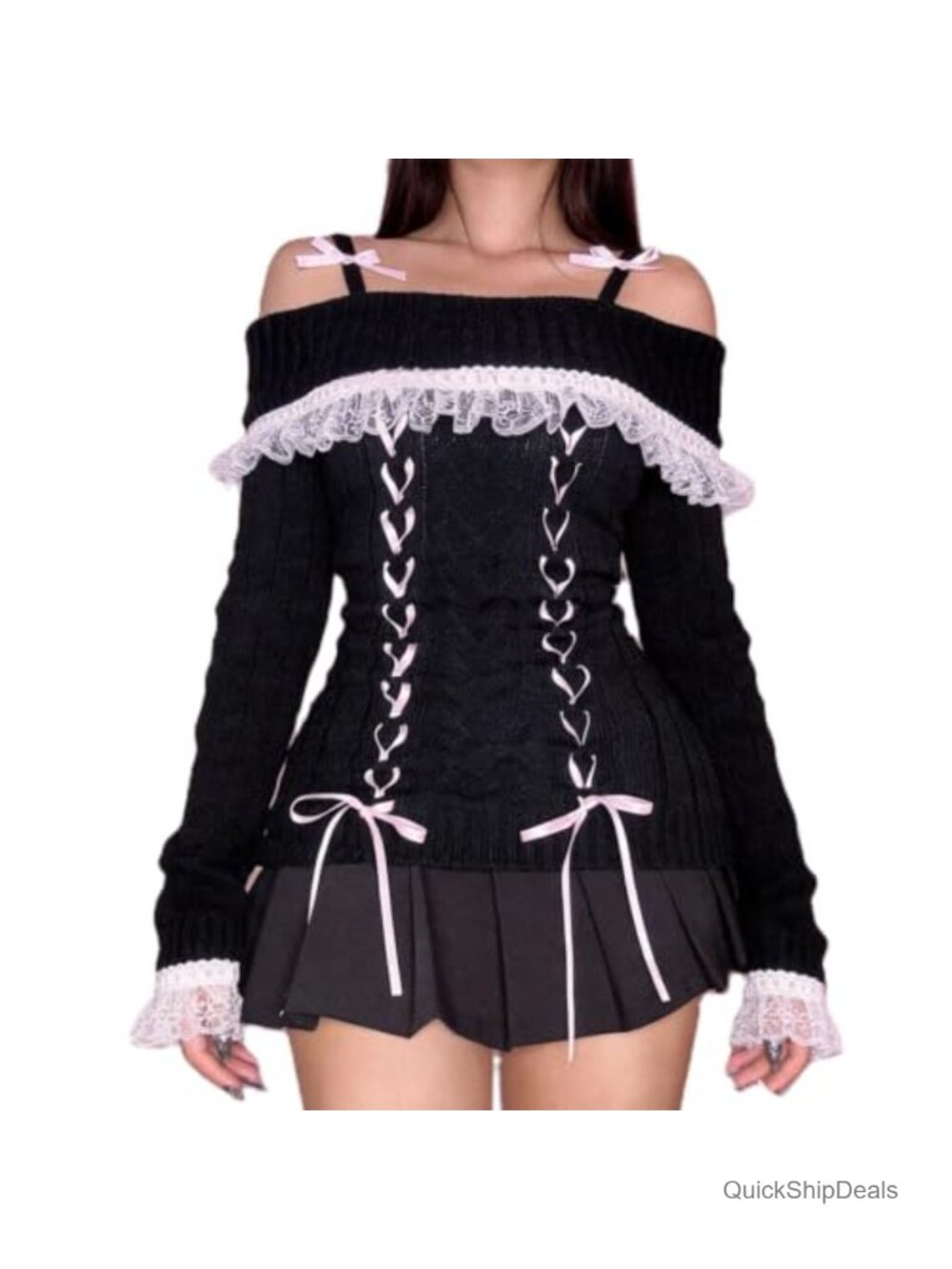Kawaii Off Shoulder Lace Trim Bow Tie Knit Pullover Sweater Coquette Y2K